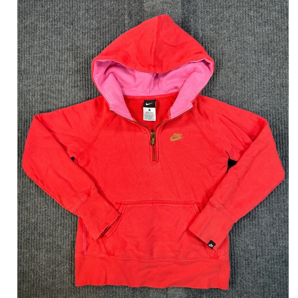 Nike Girls Coral Red Pink 1/4 Zip Hoodie Gold Logo Sweatshirt Size M 10-12